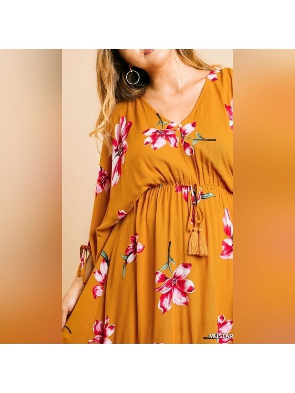 UMGEE Mustard Bohemian Ruffle Bottom Hi-Low Maxi Dress | Floral Boho Midi Dress - Picture 7 of 10